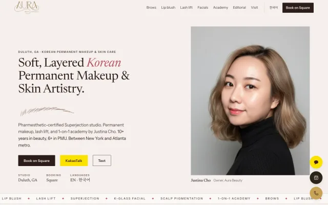 Aura Beauty landing page: the owner’s portrait beside the headline Soft, Layered Korean Permanent Makeup & Skin Artistry.