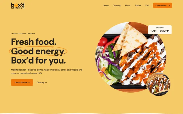 Box’d Kitchen landing page: a bowl with pita and chicken on yellow under the headline Fresh food. Good energy. Box’d for you.