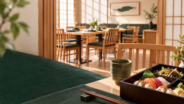 A bento box and a cup of green tea on a table in a bright Japanese dining room with shoji screens