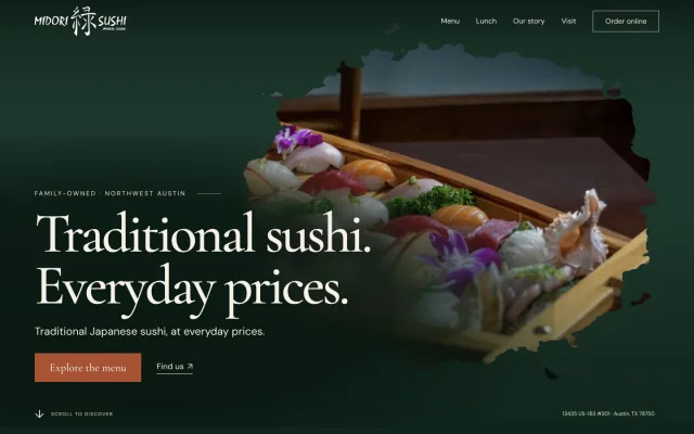 Midori Sushi live landing page with its logo, sushi boat and menu links