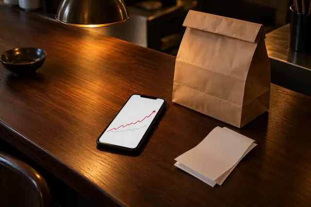 A phone on a dark wooden restaurant counter at night showing a red line rising, beside a folded paper takeout bag