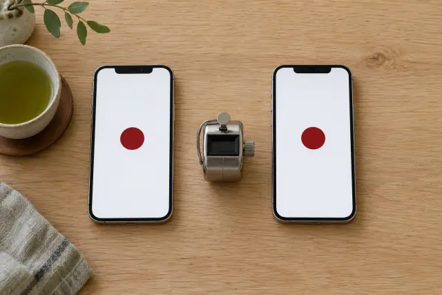 Two phones side by side on a pale oak table, each showing one round red button, with a silver hand tally counter between them