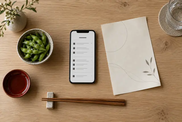 A phone showing a menu laid out as a list, next to a paper menu card, a bowl of edamame and chopsticks on a wooden table