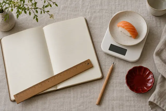 An open notebook with blank ruled pages, a wooden ruler and a pencil, next to a small kitchen scale holding one piece of salmon nigiri
