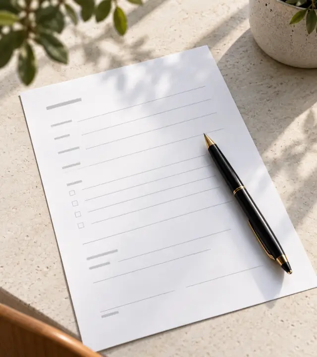 A printed fact sheet and a pen on a desk