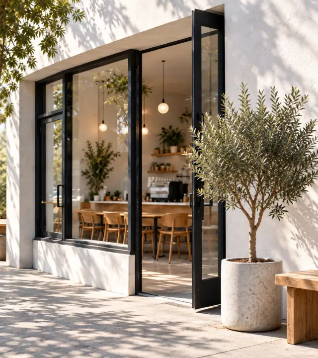 The open door of a small cafe in morning sun