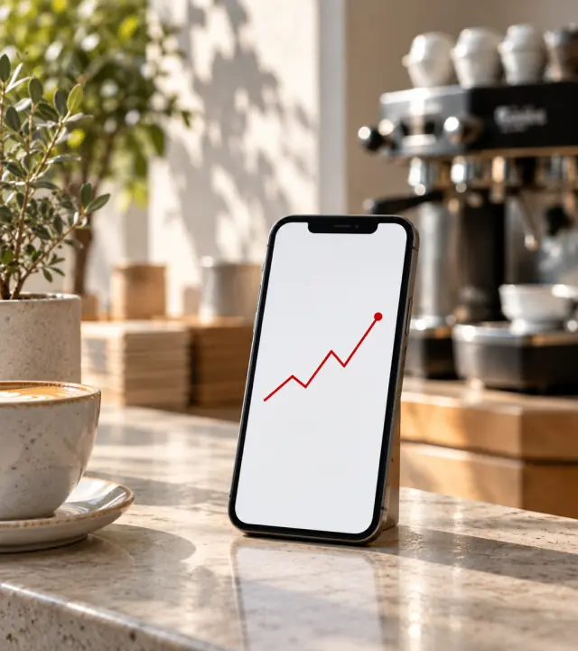A phone on a cafe counter showing a rising line chart